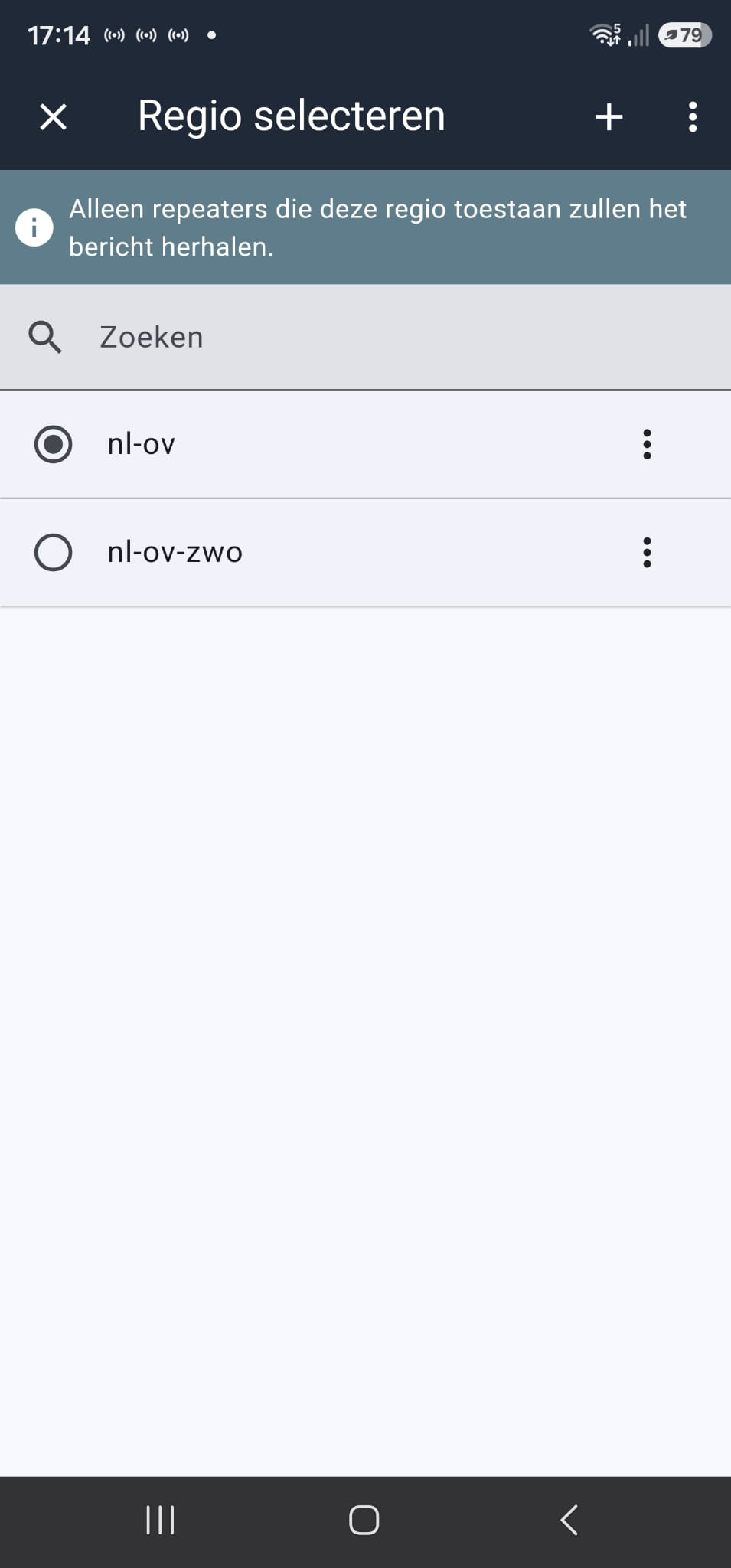 Regio selecteren scherm in de MeshCore-app, Nederlandse interface, met nl-ov en nl-ov-zwo