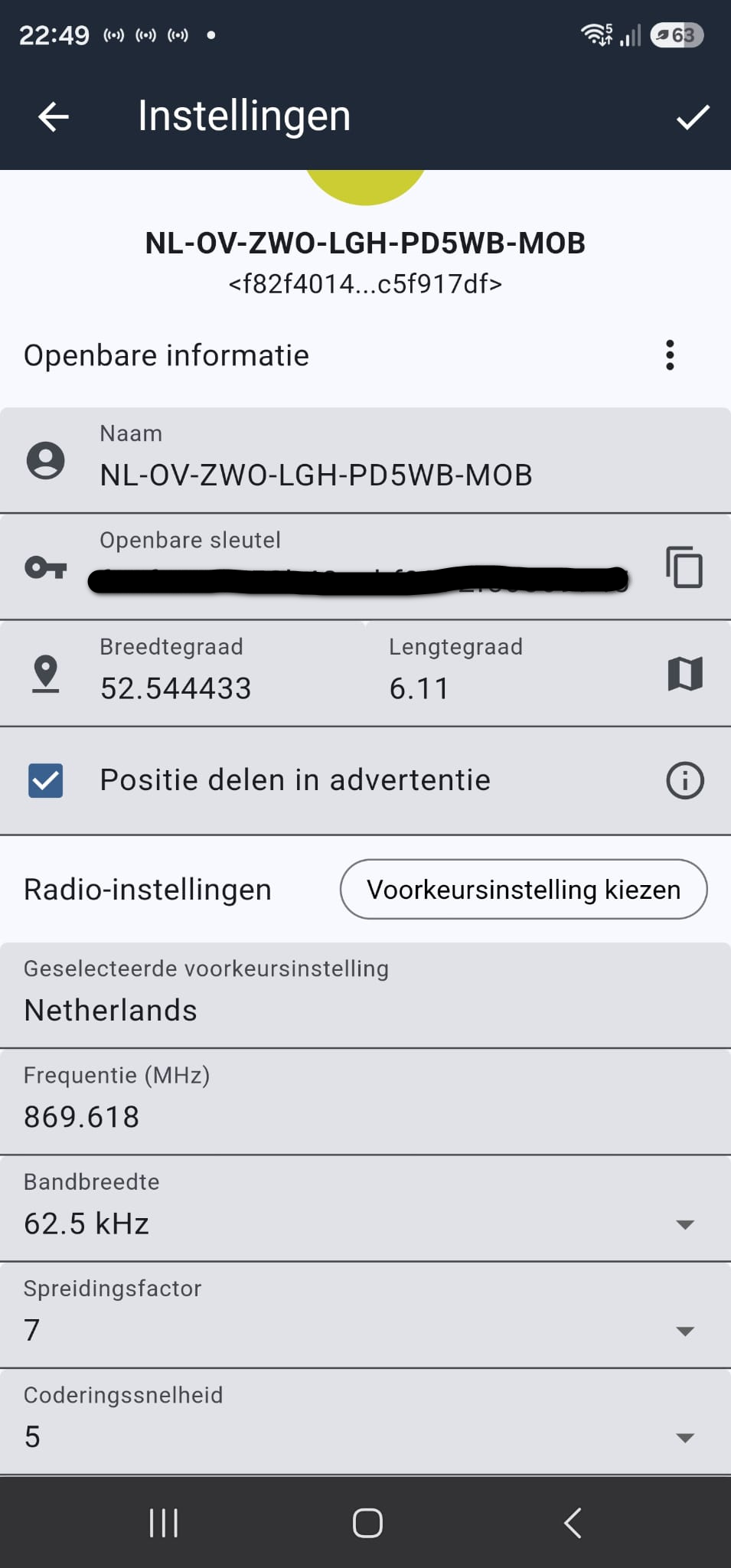 Companion-app node-instellingen met Radio-instellingen op SF7/CR5, voorkeurinstelling Netherlands