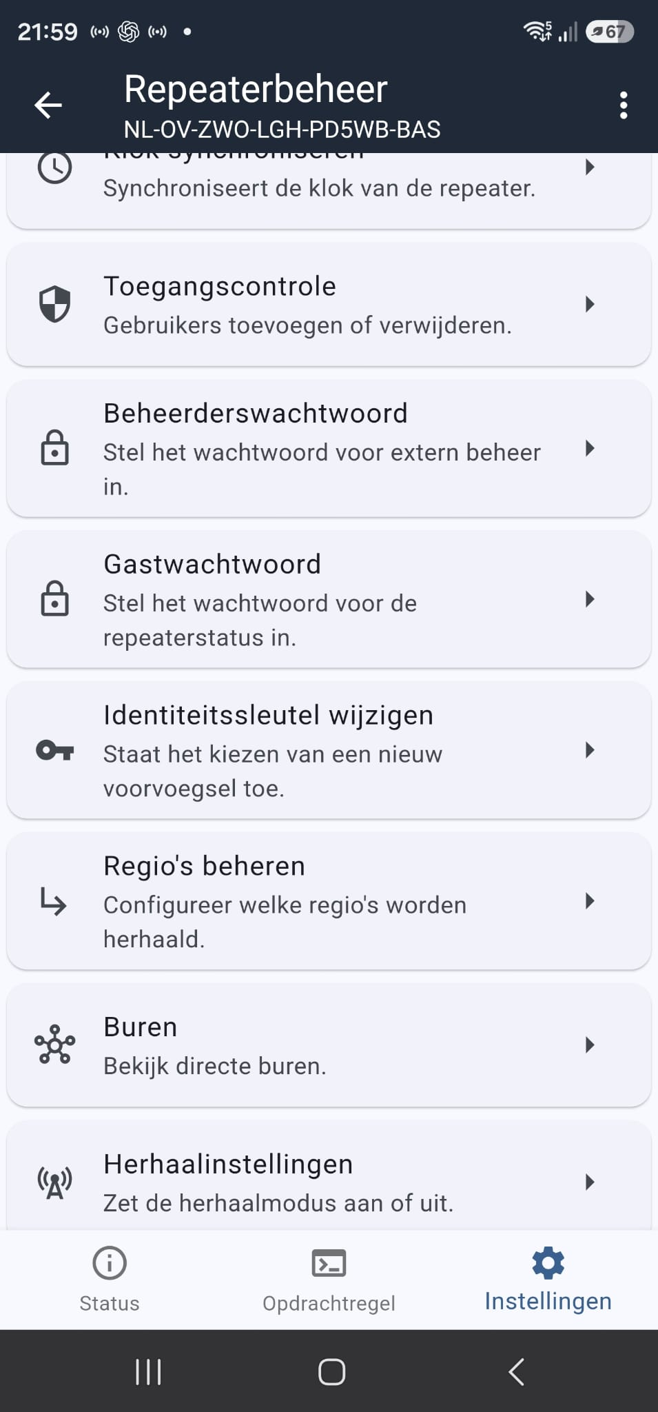 Repeaterbeheer → Regio's beheren in de MeshCore-app